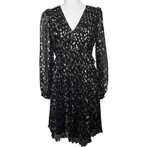 A loves A Silk Metallic Gold Black Long Sleeve Babydoll Layered Dress Size Small - Picture 2 of 12